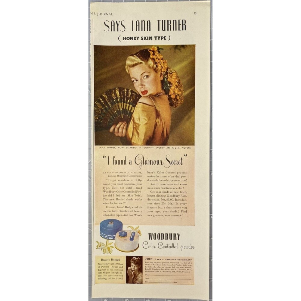Woodbury Color Control Powder "Lana Turner: I Found a Glamour Secrete" Ad 1950's